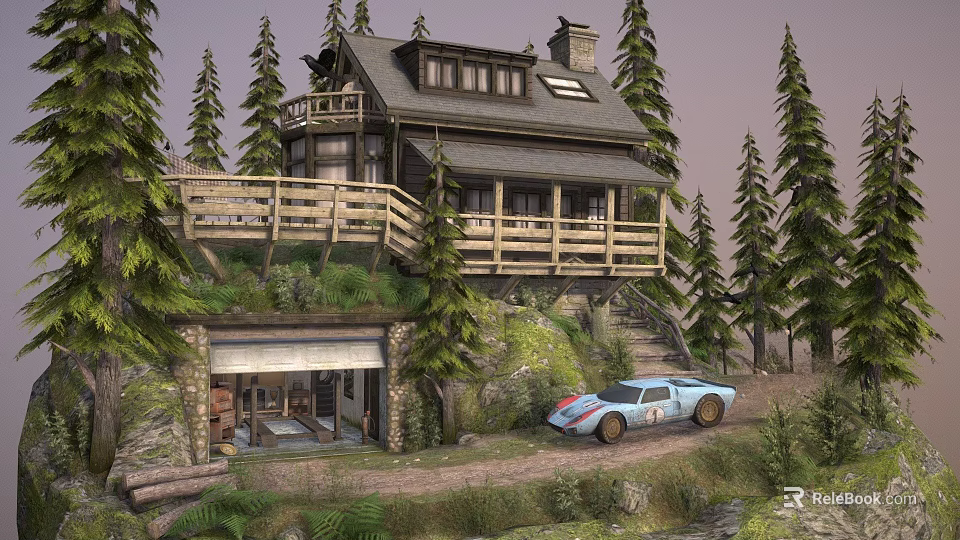 Wooden Mountain Cabin With Deck Blue Sports Car And Pine Tree Surroundings 3d model 