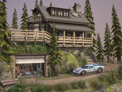 Wooden Mountain Cabin With Deck Blue Sports Car And Pine Tree Surroundings 3d model