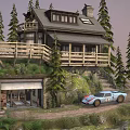 Wooden Mountain Cabin With Deck Blue Sports Car And Pine Tree Surroundings