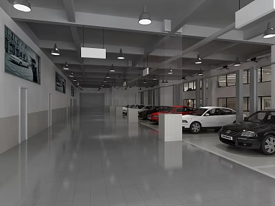 4S Car Showroom Spacious Interior Multiple Parked Cars Gray Tiled Floor Ceiling Lights Bright Lighting 3d model