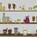 Assorted Refreshing Beverages on Wooden Shelves with Glass Pitchers Fruit Garnishes and Mint