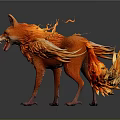 Mythical Flaming Fox with Orange Fiery Fur Standing on Black Background with Reflection