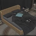 Modern Wooden Double Bed With Curved Headboard Gray Bedsheets Pillows Blue Cushion Nightstands And Carpet