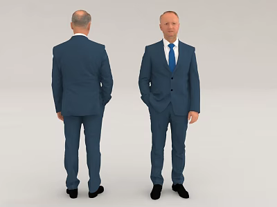 Man In Navy Blue Suit With Blue Tie And Black Shoes 3d model
