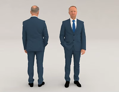 Man In Navy Blue Suit With Blue Tie And Black Shoes 3d model