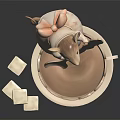 Adorable Decorative Mouse Standing On Ceramic Teacup Holding Biscuit And Sugar Cubes