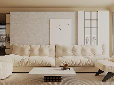 Modern Living Room Interior With Beige Sofa Multiple Cushions White Coffee Table And Minimalist Backdrop 3d model