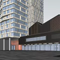 Modern Commercial Street Architectural Design With Glass Facade Tall Buildings And Retail Stores