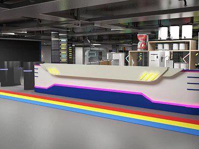 Modern Fitness Center Reception Area With Colorful Stripes And Storage Lockers 3d model