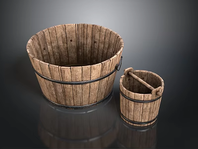 Children Playful Wooden Buckets with Metal Hoops Small and Large Sizes 3d model