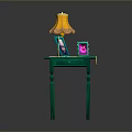 Decorative Green Table With Yellow Lamp Photo Frames On Orange Rug
