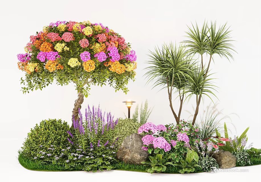 Garden Ornamental Scene With Colorful Flowering Tree Palm Trees Purple Plants Pink Blooms And Stones 3d model 