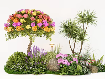 Garden Ornamental Scene With Colorful Flowering Tree Palm Trees Purple Plants Pink Blooms And Stones 3d model