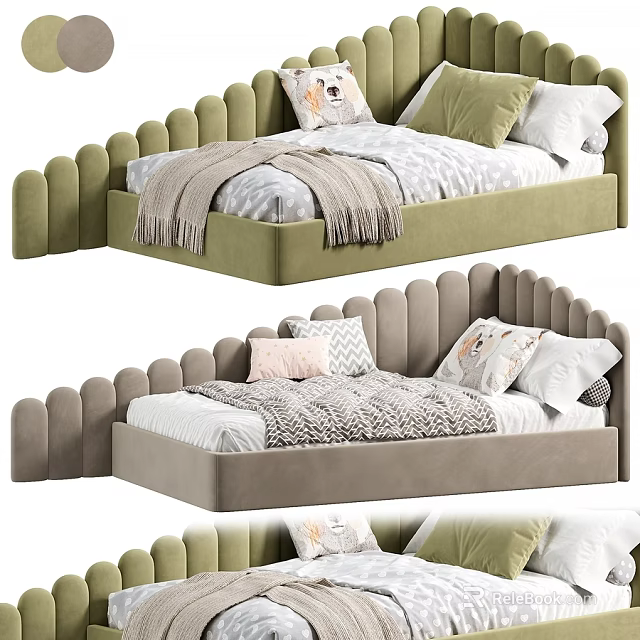 Kids Bed with Wavy Headboard Green and Gray Design Soft Pillows and Cozy Blanket 3d model 
