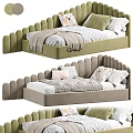 Kids Bed with Wavy Headboard Green and Gray Design Soft Pillows and Cozy Blanket