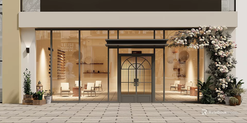 Illuminated Storefront Window With Furniture Display Arched Doorway And Floral Decor 3d model 
