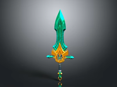 Green and Gold Fantasy Sword with Ornate Hilt and Decorative Blade Design 3d model