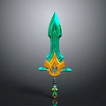 Green and Gold Fantasy Sword with Ornate Hilt and Decorative Blade Design