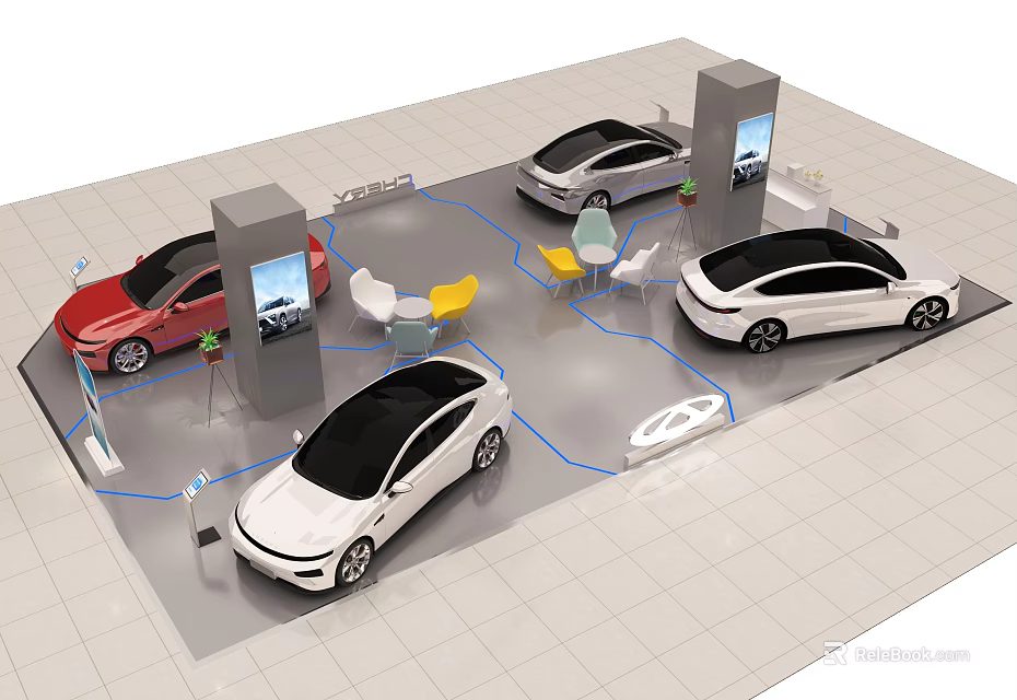 Modern Car Showroom Interior With Multiple Vehicles Charging Stations And Seats 3d model 