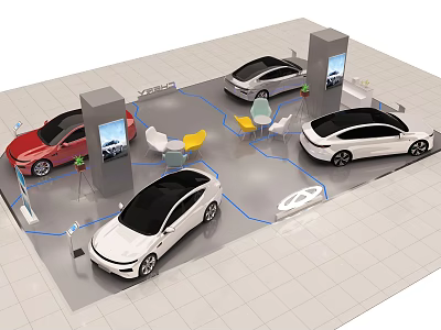 Modern Car Showroom Interior With Multiple Vehicles Charging Stations And Seats 3d model