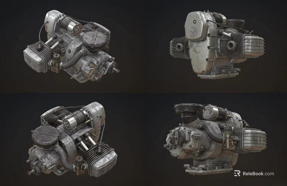 Vintage Mechanical Engine Shown From Four Different Angles With Cylinders And Pipes 3d model 