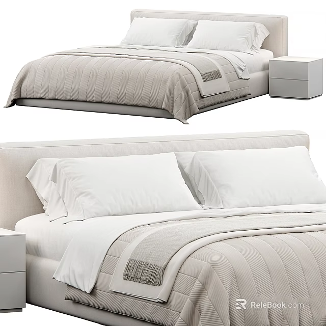 Modern Minimalist Bedroom Bed With Light Bedding White Pillows And Nightstand 3d model 