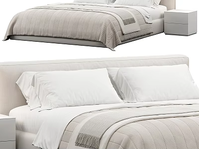 Modern Minimalist Bedroom Bed With Light Bedding White Pillows And Nightstand 3d model