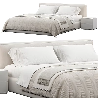 Modern Minimalist Bedroom Bed With Light Bedding White Pillows And Nightstand 3d model
