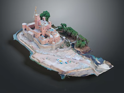 Stone Castle Structure With Multiple Towers Surrounded By Green Trees And Natural Landscape With Beach 3d model