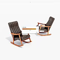 Two Brown Leather Rocking Chairs With Wooden Arms And Base On White Background