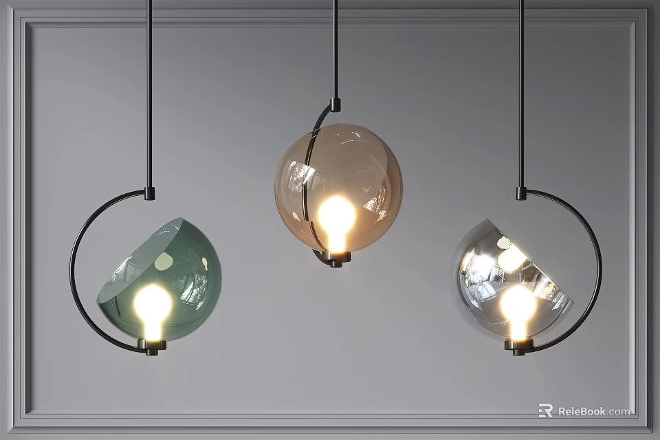 Modern Illuminated Pendant Lights with Three Different Designs Hanging on Gray Wall 3d model