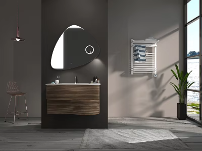 Modern Bathroom Vanity With Wooden Counter Triangular Mirror Dark Wall And Natural Light 3d model