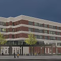 Modern School Building Exterior With Red Brick White Facade Night View Moonlight Plaza And People