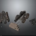 Historical Military Cannons With Wooden Wheels Iron Balls And Stone Base