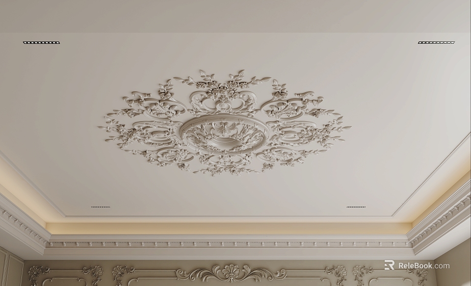 Ornate Ceiling Design With Intricate Circular Carvings And Decorative Trim Details 3d model 