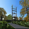 Road Facilities With Tall Cable Structure And Green Vegetation Along Urban Pathway