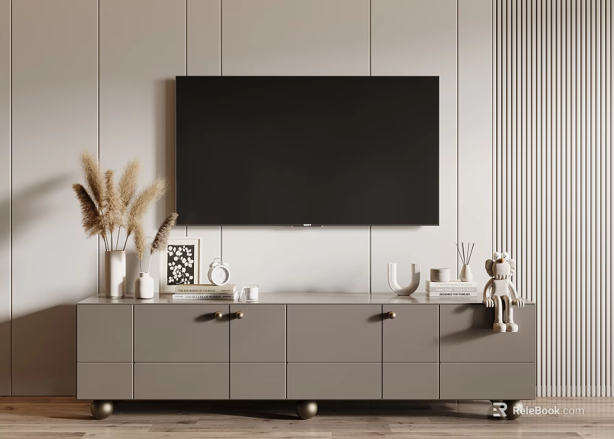 Modern Gray TV Stand With Drawers Cabinets And Decorative Items On Vertical Striped Wall 3d model 