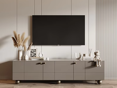 Modern Gray TV Stand With Drawers Cabinets And Decorative Items On Vertical Striped Wall 3d model