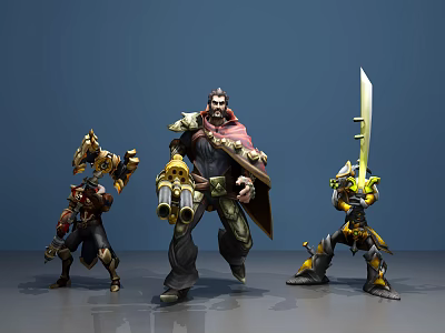 Heroic Game Movie Characters With Armor Guns Cloak And Sword In Battle Stance 3d model