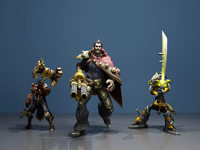 Heroic Game Movie Characters With Armor Guns Cloak And Sword In Battle Stance 3d model Heroic Game Movie Characters With Armor Guns Cloak And Sword In Battle Stance 3d model