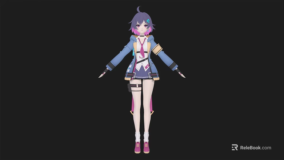 Anime Woman Character Design With Purple Black Hair Blue Coat And Pink Boots 3d model 