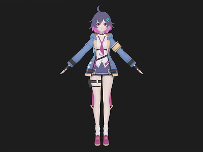 Anime Woman Character Design With Purple Black Hair Blue Coat And Pink Boots 3d model