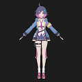 Anime Woman Character Design With Purple Black Hair Blue Coat And Pink Boots