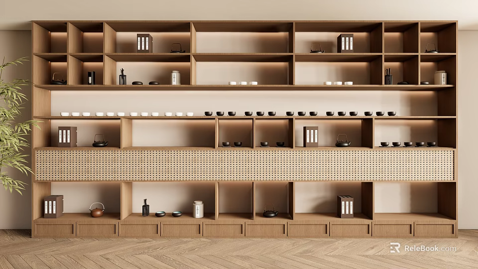 Natural Wooden Bookcase With Multiple Shelves Decorative Items And Cups On Wooden Flooring 3d model 