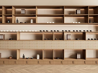 Natural Wooden Bookcase With Multiple Shelves Decorative Items And Cups On Wooden Flooring 3d model