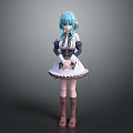 Game Movie Character With Teal Twintails In White Maid Outfit And Brown Boots