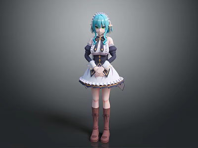Game Movie Character With Teal Twintails In White Maid Outfit And Brown Boots 3d model