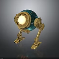 Blue Green Mechanical Sphere Character With Golden Structure Glowing Circular Part And Stand