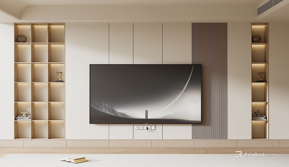 Modern TV Background Wall Design with Mounted TV LED Strip Lighting Wooden Panels Side Storage Shelves 3d model 