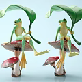 Green And Blue Frog Figurines Sitting On Red White Spotted And Blue Mushrooms With Leaves